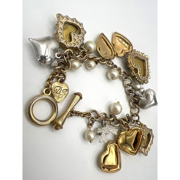 Betsy Johnson Charm Bracelet Heart Lockets Faux Pearls Bows Leopard Designs - Picture 10 of 11
